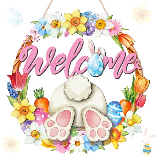 Yalikop Easter Wreath for Front Door Bunny Welcome Wood Sign Door Decorations Wall Hanging Decor Hollow Rabbit Sign Hanger for Home Party Outdoor Indoor Porch Window Garden Spring Decor - style: Bunny