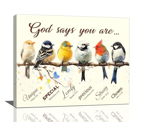 Farmhouse Bird Wall Decor Christian Bible Verse Pictures Wall Art Funny Birds Canvas Print God Says You Are Painting Framed Modern Home Artwork Decorations For Bathroom Bedroom Kitchen Office 20"x16" - color: Cute Birds, size: 20"L x 16"W