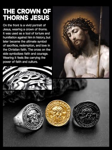 Christian Cross Rings for Men - Stainless Steel Jesus Jewelry with Celtic Knot Sides (Gold/Black/Silver) - Catholic Religious Gift, Size 7-13 - color: H: Silver-Jesus