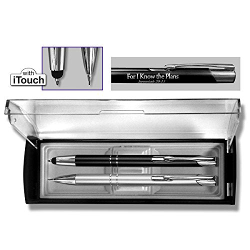 G.T. Luscombe, For I Know the Plans, Inspirational Adoration, Black Ink Ballpoint Pen with Cushioned Screen Tip & Mechanical Pencil, Acrylic Case Boxed 3-Piece Set, Silvertone & Black - color: Black