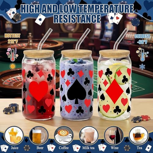 Glass Cups with Lids and Straws, 4Pack, 16oz, Poker Casino - color: Playing Cards Suits