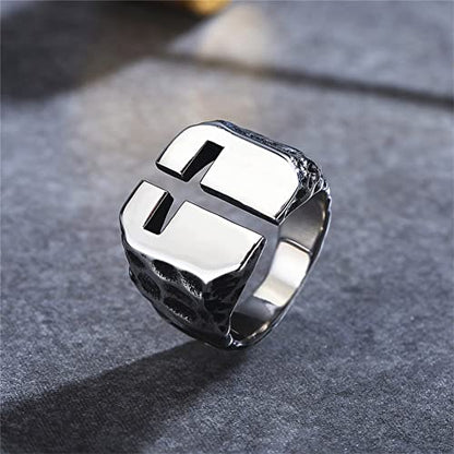 Men's Stainless Steel Ring Cutout Christian Cross Statement Signet Rings - color: silver