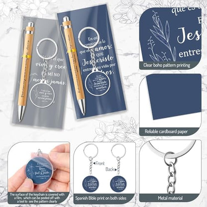 ANGOLIO 230Pcs Spanish Christian Flower Religious Gift Bulk Easter Gift Regalos Cristianos En Español Bible Verse Bamboo Pen Keychain Bookmark Inspirational Stationary Gift for Women Men VBS Church - style: Flower