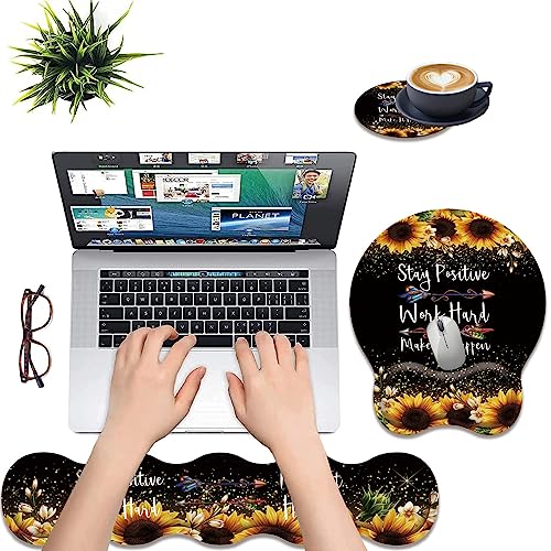 3 in 1 Keyboard Wrist Rest + Mouse Pad and Coaster, Ergonomic Gel Mouse Pad and Keyboard Pad Set, Comfortable Lightweight for Easy Typing Pain Relie, Sunflower Inspirational Quote - color: Sunflower Inspirational Quote