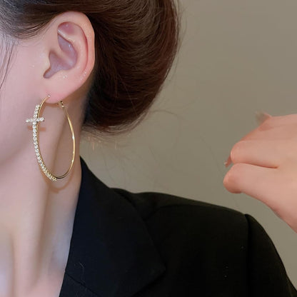 Cross Hoop Earrings for Women Trendy Large Cross Rhinestone Sparkly Hoop Earings Prom Wedding Party Formal Jewelry - color: gold E3