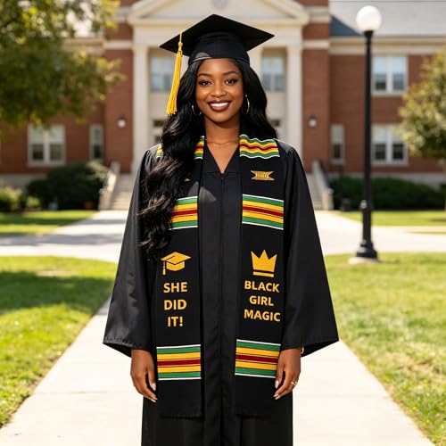 Black Girl Magic Graduation Stole She Did It, Kente Graduation Stole Class of 2026, Authentic Kente Pattern She Did It, Unisex Adult African Art Kente Vibrant Colors Sash Stole Scarf 70 Inches Long