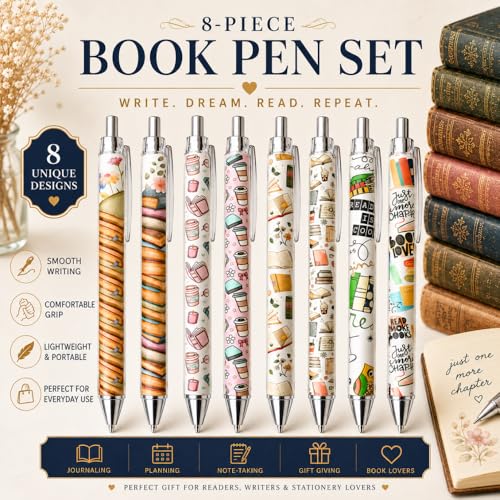 8PC Book Club Pens Cute Vintage Artsy Stationery Aesthetic Journal Writing Pen Bookish Theme Decor Library Supplies Accessories For Reading Lovers Bulk Appreciation Gift For Bookworm Women Librarian - style: Book