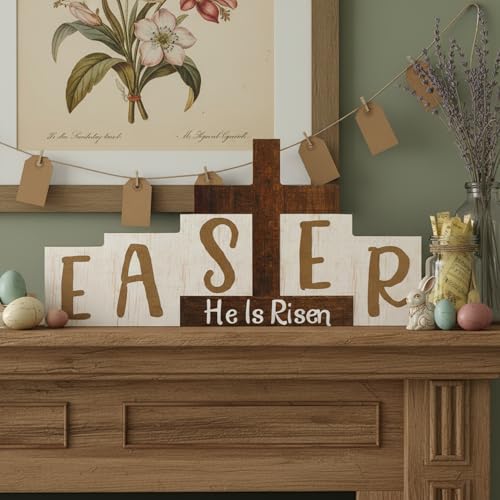 Easter Resurrection Decorations Religious He is Risen Sign Easter Wooden Table Centerpieces with Farmhouse Rustic Cross Hanging Christian Tiered Tray Decor for Spring Table Home Shelf Decor - style: Crucifix