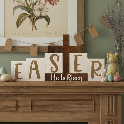 Easter Resurrection Decorations Religious He is Risen Sign Easter Wooden Table Centerpieces with Farmhouse Rustic Cross Hanging Christian Tiered Tray Decor for Spring Table Home Shelf Decor - style: Crucifix