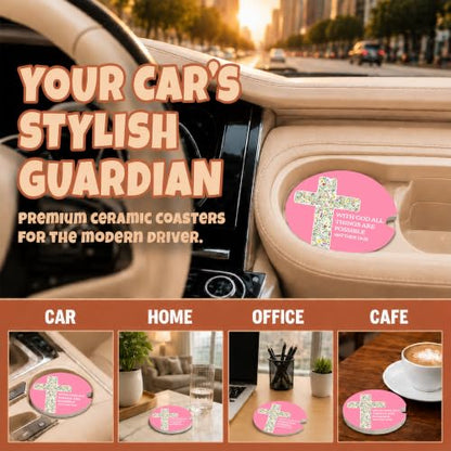 Pink Christian Bible Car Coasters, Floral Cross Scripture Cup Holders, 29 - color: Floral Cross