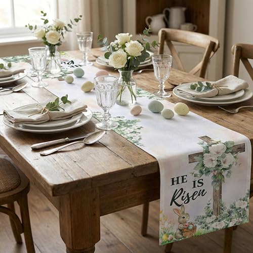 Easter Table Runner 13 x 72 Inch, He is Risen Religious Cross and Bunny with Eggs, Rustic Spring Floral Kitchen Dining Decor, Modern Farmhouse Holiday Table Runner for Indoor Outdoor Party - style: Bunny & Religious Cross