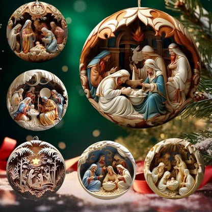 6 Pack Nativity Scene Ornaments for Christmas Tree, 3.15'' 3D-Printed Flat Acrylic Hanging Decor, The Birth of Jesus Religious Keepsake Gift for Christian Family