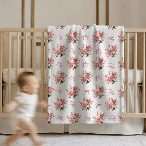 Personalized Floral Name Blanket, Custom Floral Name Design Lily, Soft Nursery Throw, Newborn Birthday Baptism Christening Keepsake - color: #Ver3