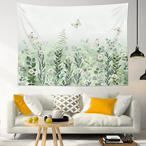 EOBTAIN Sage Green Leaves Tapestry Eucalyptus Leaf Botanical Plant Vintage Daisy Flowers Butterfly Floral Tapestries Simple Cottagecore Aesthetic Tapestry Wall Hanging Living Room Bedroom Dorm 60Wx40H - color: Green, size: 40"L x 60"W
