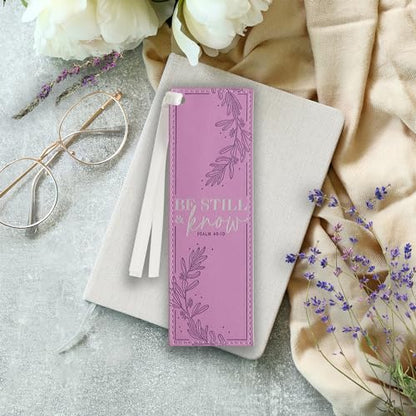 Christian Art Gifts Faux Leather Bookmark for Women: Be Still and Know - color: Purple - Be Still