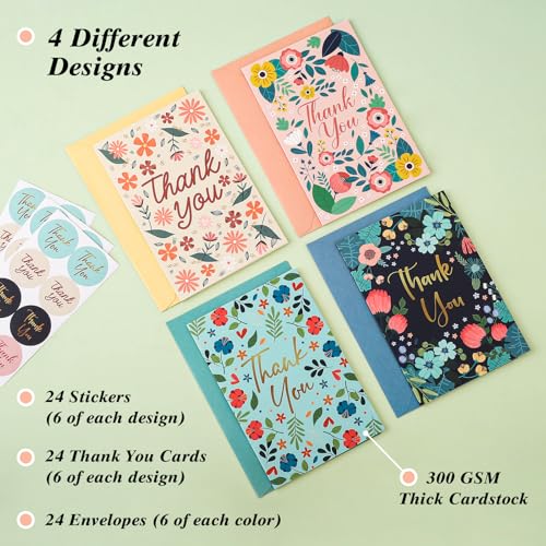 Thboxes Thank You Cards with Envelopes & Stickers, 24 Pack, 4x6 Inch - style: Floral Thank You Card