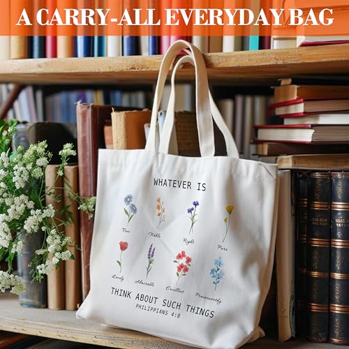 Christian Canvas Tote Bag for Women, Whatever Is Think About Such Things Bible Tote, Bible Verse Religious Gift Bag, Floral Library Book Bag, Inspirational Shoulder Bag Gifts for Women Friends -33
