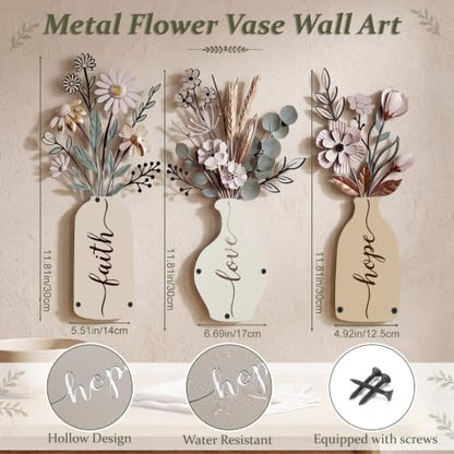 ElaraBerry 3 Pcs Christian Metal Flower Wall Sign Minimalist Rustic Decor