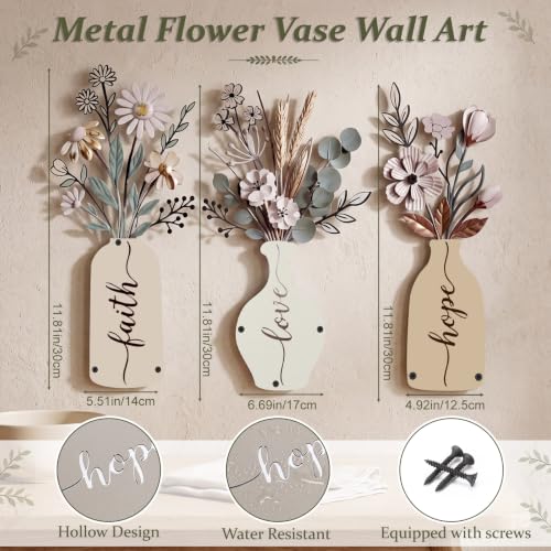 ElaraBerry 3 Pcs Christian Metal Flower Wall Sign Minimalist Rustic Decor