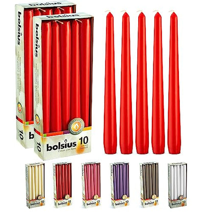 BOLSIUS 20 Count Unscented 10 Inch Red Household Taper Candles - 8 Hours Burn Time - Premium European Quality - Smokeless Dripless Taper Candlestick - Great for Special Occasion, Church, and Everyday - color: Red, size: 20 Count