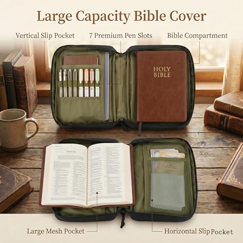 Tactical Bible Cover for Men, Large Bible Case with Shoulder Strap & US Flag Patch, Water Resistant Bible Carrier Bag with Handle, Multi Pockets for Church Study & Travel （Green） - color: Green