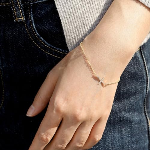 Moodear Cross Bracelet for Women, Dainty Sterling Silver/Gold Plated Gift - color: CZ Gold Cross Bracelet