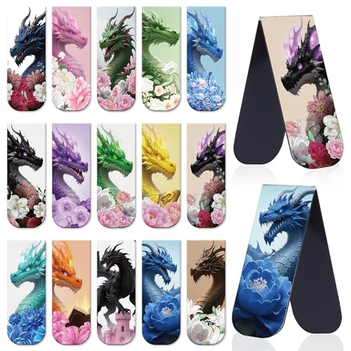 Cool Dragon Flower Magnetic Bookmark, 15Pcs Fantastic Floral Dragon Book Marks, Unique Animal Page Magnet Book Markers for Men Boy School Student Teacher Reading Lovers Gift - color: Cool Dragon