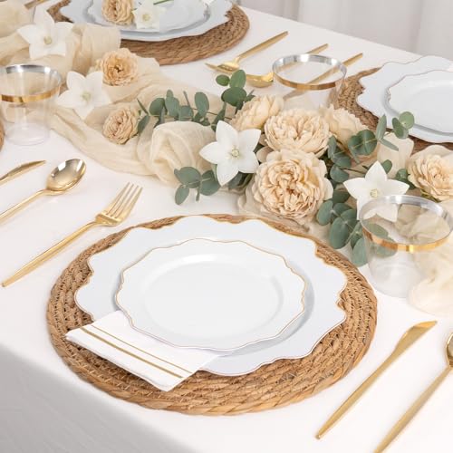 WDF 350PCS White and Gold Plastic Plates - Gold Plates Disposable 50Guest Plastic Dinnerware Ideal for Party/Wedding/Birthday/Thanksgiving/Fall/Rosh Hashanah - color: White and Gold, size: 350 pieces