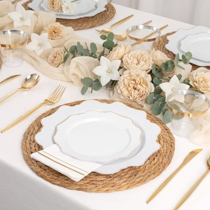 WDF 350PCS White and Gold Plastic Plates - Gold Plates Disposable 50Guest Plastic Dinnerware Ideal for Party/Wedding/Birthday/Thanksgiving/Fall/Rosh Hashanah - color: White and Gold, size: 350 pieces