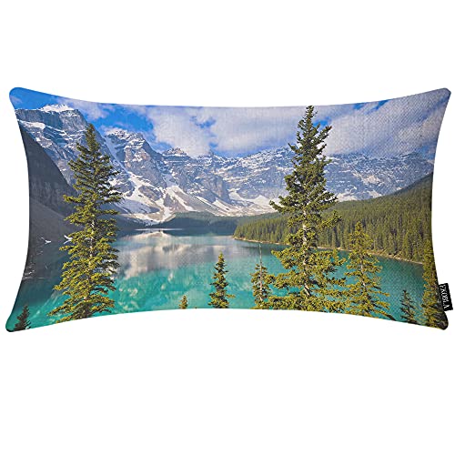 EKOBLA Moraine Lake Lumbar Pillow Cases Rocky Mountains Snow Forest Trees Park Scenery Pine Glacier Decorative Throw Pillow Cover Rectangle Cushion Covers Cotton Linen 12x20 Inch for Men Women - color: Multi-bs06