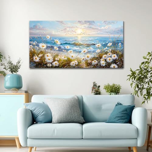 Large Coastal Wildflower Wall Art,Daisy Botanical Canvas Prints 20x40 Inch - color: Flowers Sea Painting, size: 40"L x 20"W