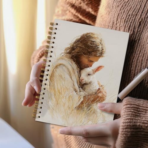 Jesus and Lamb Christian Spiral Notebook, He Left The 99 to Find Me Bile Prayer Journal for Women Men, Jesus Leaves The 99 Sheep Notebook Journal for School Office Supplies, 5.5 x 8.3 Inch - color: 18Child