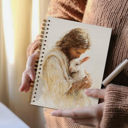 Jesus and Lamb Christian Spiral Notebook, He Left The 99 to Find Me Bile Prayer Journal for Women Men, Jesus Leaves The 99 Sheep Notebook Journal for School Office Supplies, 5.5 x 8.3 Inch - color: 18Child