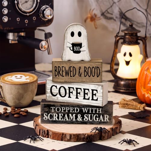 Lineshading 4 Pcs Halloween Ghost Blocks, Wooden Coffee Farmhouse Decor - style: Brewed & Boo'd Coffee