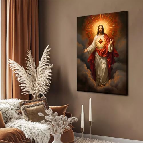 RJETZMU Sacred Heart of Jesus Canvas Wall Art, Gallery Wrapped Print, 16x24 - color: Jesus Red Heart, size: 24"L x 16"W
