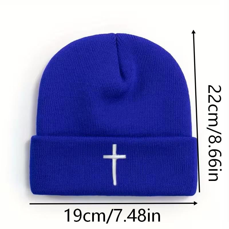 Unisex Stretch Warm Winter Skull Cap, Cold Weather Knit Beanie - color: Blue - 3d Cross Embroidery