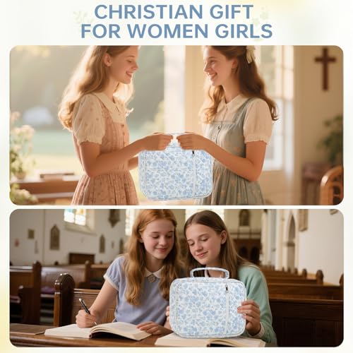 Bible Bag Cover Case for Women Study Supplies Kit Church Book Holder - color: Blue Flower