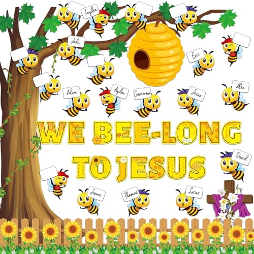 gisgfim Bee Bulletin Board Decoration Set Bee Jesus Religious Borders Cutouts for Classroom Door VBS Christian Sunday School Sunnmer Welcome Bulletin Board Craft Home Wall (We Bee-Long to Jesus) - style: We Bee Long To Jesus