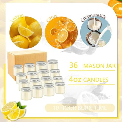 ACITHGL 36 Pcs 4oz Mini Mason Jar Candles Small Scented Candles Bulk Aromatherapy Ideal Souvenir Favors for Wedding Birthday Party (Lemon, Citrus, Coconut Milk, Silver) - color: Silver, style: Lemon, Citrus, Coconut Milk