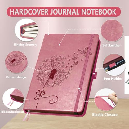 A5 Dandelion Butterfly Leather Journal, 300 Pages Lined Notebook, Pink Vintage Pattern Hardcover Notebook for Travel Diary, Business, Work and School Daily Writing - style: Dandelion
