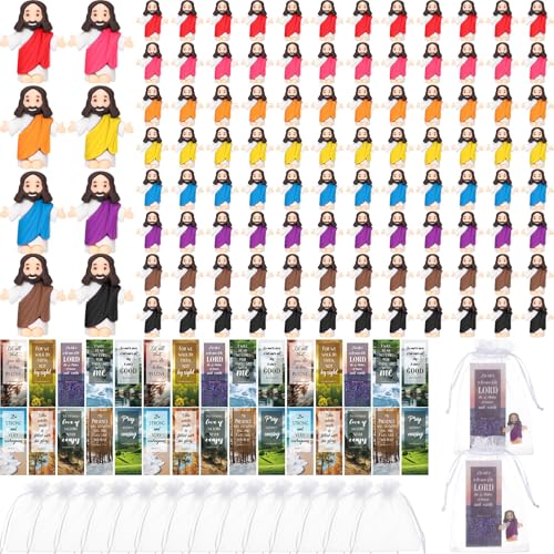 Barydat 100 Sets Mini Jesus Figurines Bulk Easter Gift Little Jesus Figures Tiny Toys Christ Savior Doll with Cards Bags for Religious Party Favors Sunday School Baptism Gift(Nature Style) - style: Nature Style