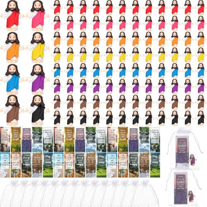 Barydat 100 Sets Mini Jesus Figurines Bulk Easter Gift Little Jesus Figures Tiny Toys Christ Savior Doll with Cards Bags for Religious Party Favors Sunday School Baptism Gift(Nature Style) - style: Nature Style
