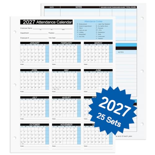 2027 Attendance Calendar Work Tracker Attendance Calendar Cards - 8.5 X 11 Cardstock/Pack of 25 Sheets