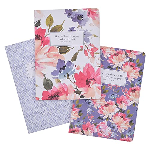 Christian Art Gifts Notebook Set: The Lord Bless You - Num. 6:24, Gifts for Women, Slim Notebooks, Cardstock, Bible Verse, Flexible Cover, Lined Paper, 64 Pages Each, Floral, Pink/Purple, Set/3 Large