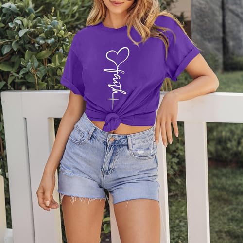 KIEKIECOO Faith Christian Shirts for Women Religious Crewneck Tshirts Cotton Graphic Tees Bible Verse Casual Summer Tops - color: Purple, size: XX-Large