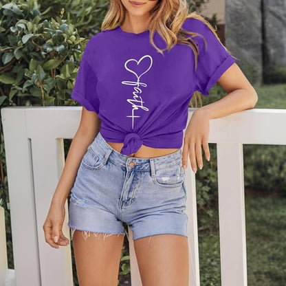 KIEKIECOO Faith Christian Shirts for Women Religious Crewneck Tshirts Cotton Graphic Tees Bible Verse Casual Summer Tops - color: Purple, size: XX-Large