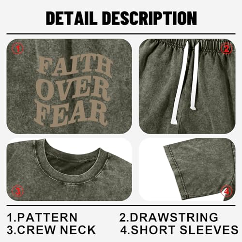 Men's Christian Shirt and Shorts Set Oversized Faith Over Fear T Shirt Washed Religious Bible Verse 2 Piece Outfits - color: Army Green, size: XX-Large