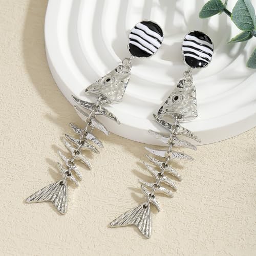 Creative Exaggerated Ocean Animal Drop Dangle Earrings for Women, Bohemia Style Alloy Lobster Octopus Fish Crab Earrings for Summer Beach Holiday Party Jewelry Gifts - style: Silver Fish Bone Earrings