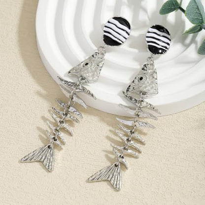 Creative Exaggerated Ocean Animal Drop Dangle Earrings for Women, Bohemia Style Alloy Lobster Octopus Fish Crab Earrings for Summer Beach Holiday Party Jewelry Gifts - style: Silver Fish Bone Earrings