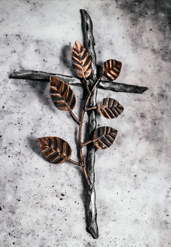 12” Metal Wall Mount Cross – Floral Olive Branch – Holy Celtic Garden Crucifix Silver & Copper Finish, Modern Rustic Jesus Art Décor